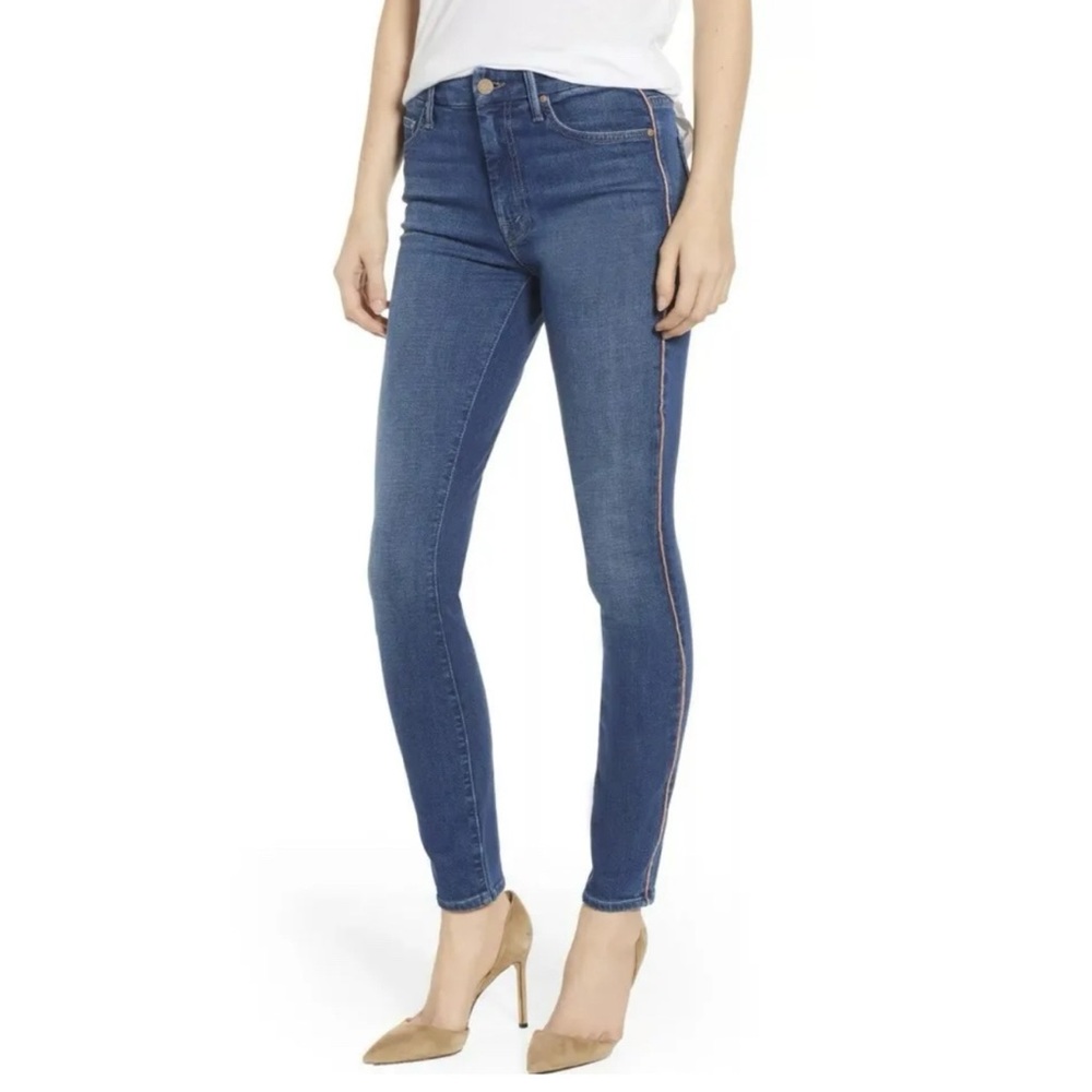 MOTHER HIGH WAISTED LOOKER WHAT I HAD BEFORE I HAD YOU PINK LEG STRIPE BLUE JEAN - Picture 10 of 12